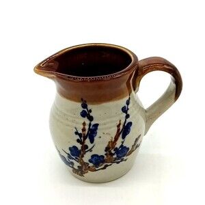 Vintage Stoneware Art Pottery Glazed Creamer Jug Blue Floral Farmhouse